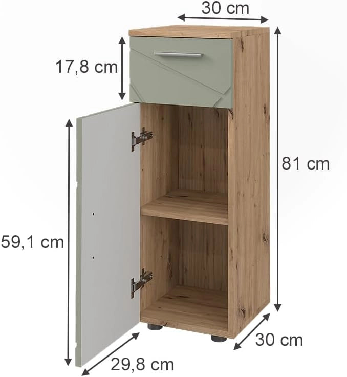 mobiletto bagno Irma, Verde salvia, 30 x 81 cm, per la conservazione in bagno, abbinabile alla serie Irma