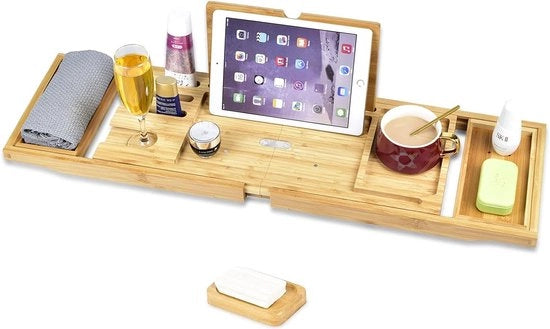 Pannelli da bagno in bambù scorrevoli con supporto vino, pannelli da bagno in bambù con contenitore per sapone e supporto per tablet.