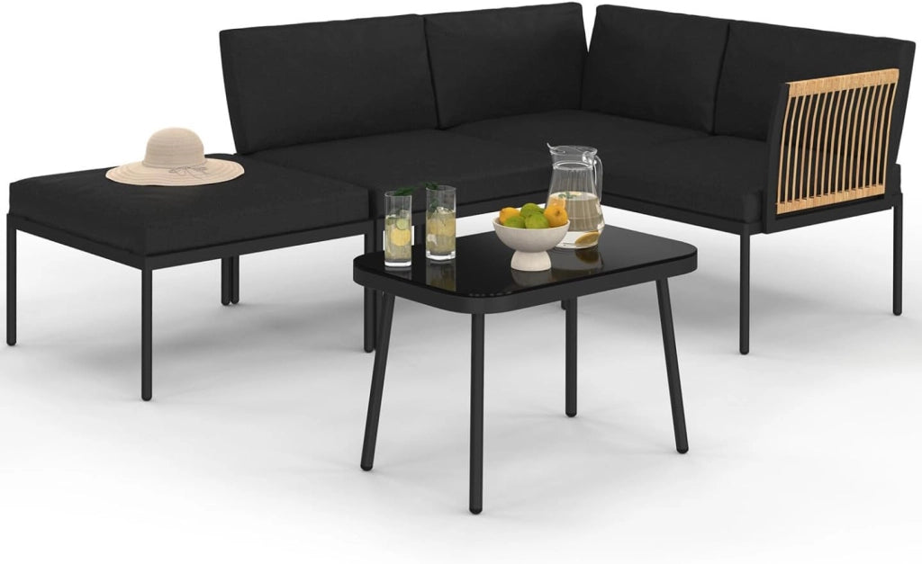 Set di mobili da Giardino modulari Bassi Rio 4 posti Struttura in Metallo Nero, cordame Effetto Rattan Chiaro con Cuscini Neri