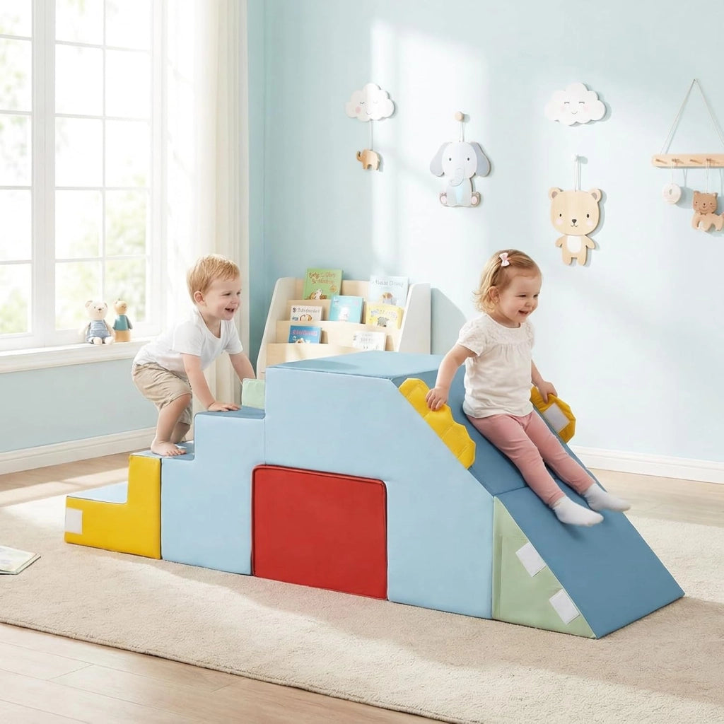 Set di 4 Blocchi da Arrampicata con Scivolo e Scale, Blocchi Morbidi in Schiuma per Gattonare, Coperture in Velluto, Set Tavolo e Sedia Convertibile per Cameretta