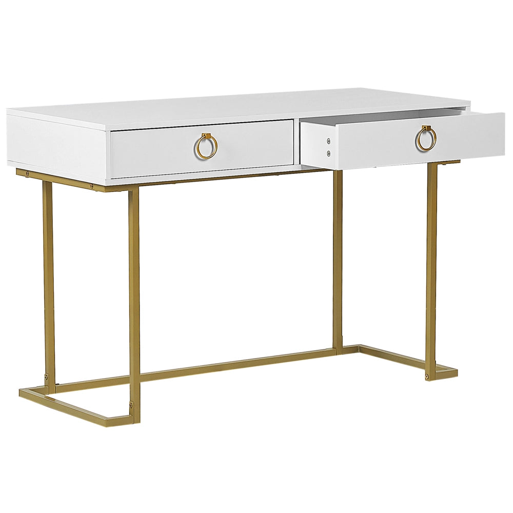 Consolle Bianco 2 Cassetti con Maniglie ad Anello Base in Metallo Dorato smart working Tavolo da Salotto Comò Camera da Letto Glam