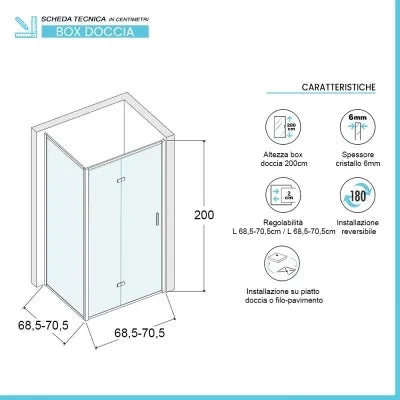 Box doccia 70x70 cm con porta a soffietto trasparente H 200 cm Ted