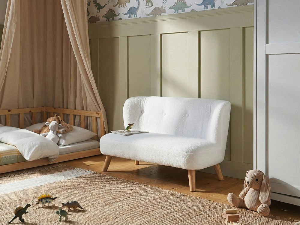 Divano per bambini bianco imbottito in bouclé con braccioli, divano moderno per bambini