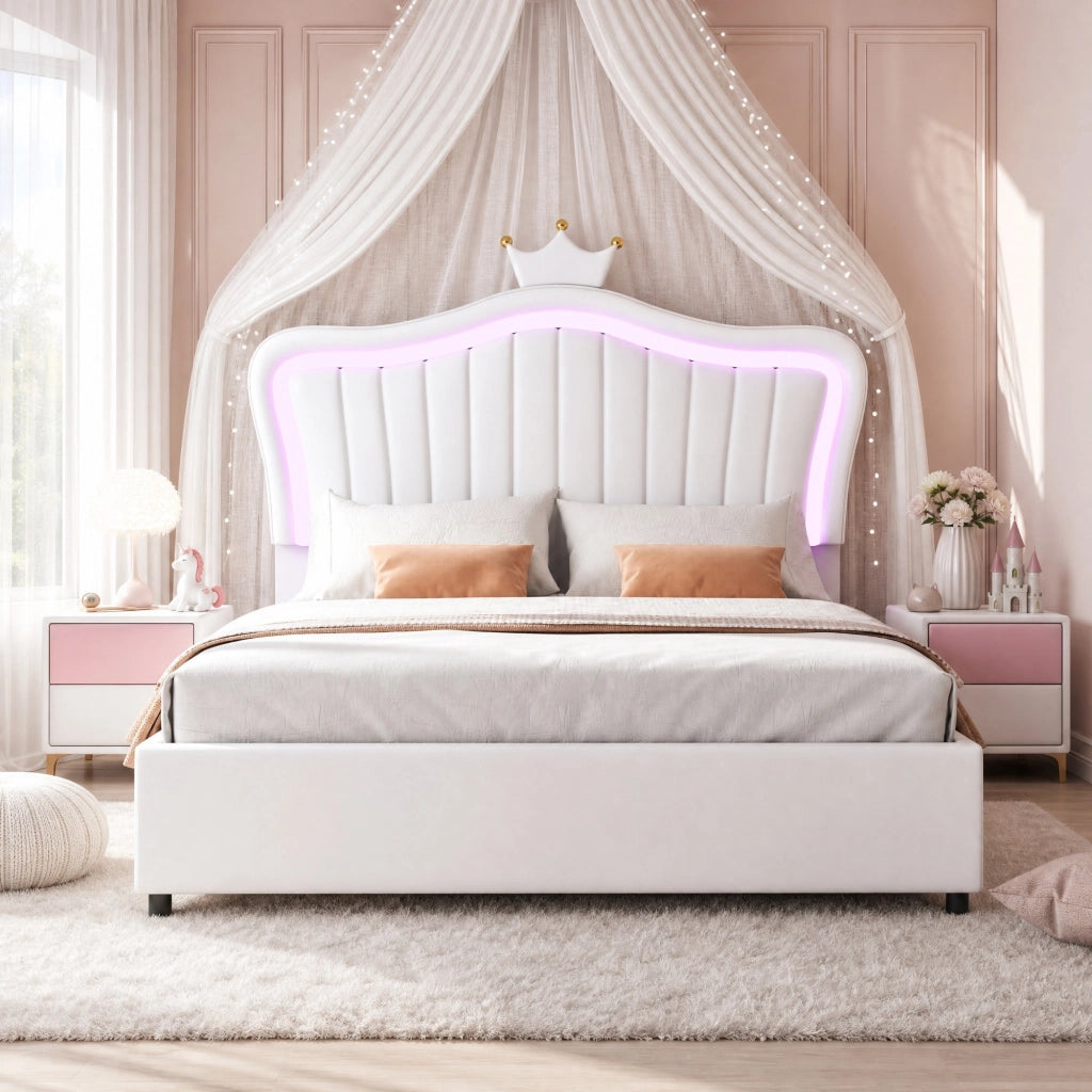 Letto imbottito per bambini 140x200 cm con contenitore; LED e testiera a conchiglia in PU bianco