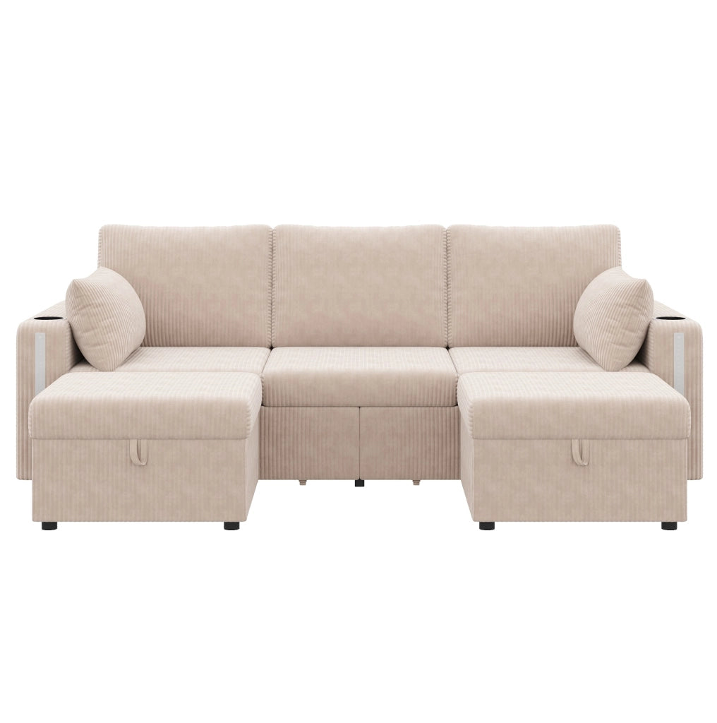 Divano modulare ULEVR 190x130x85 cm a U/L con 2 pouf contenitore, LED, USB e Type-C, beige