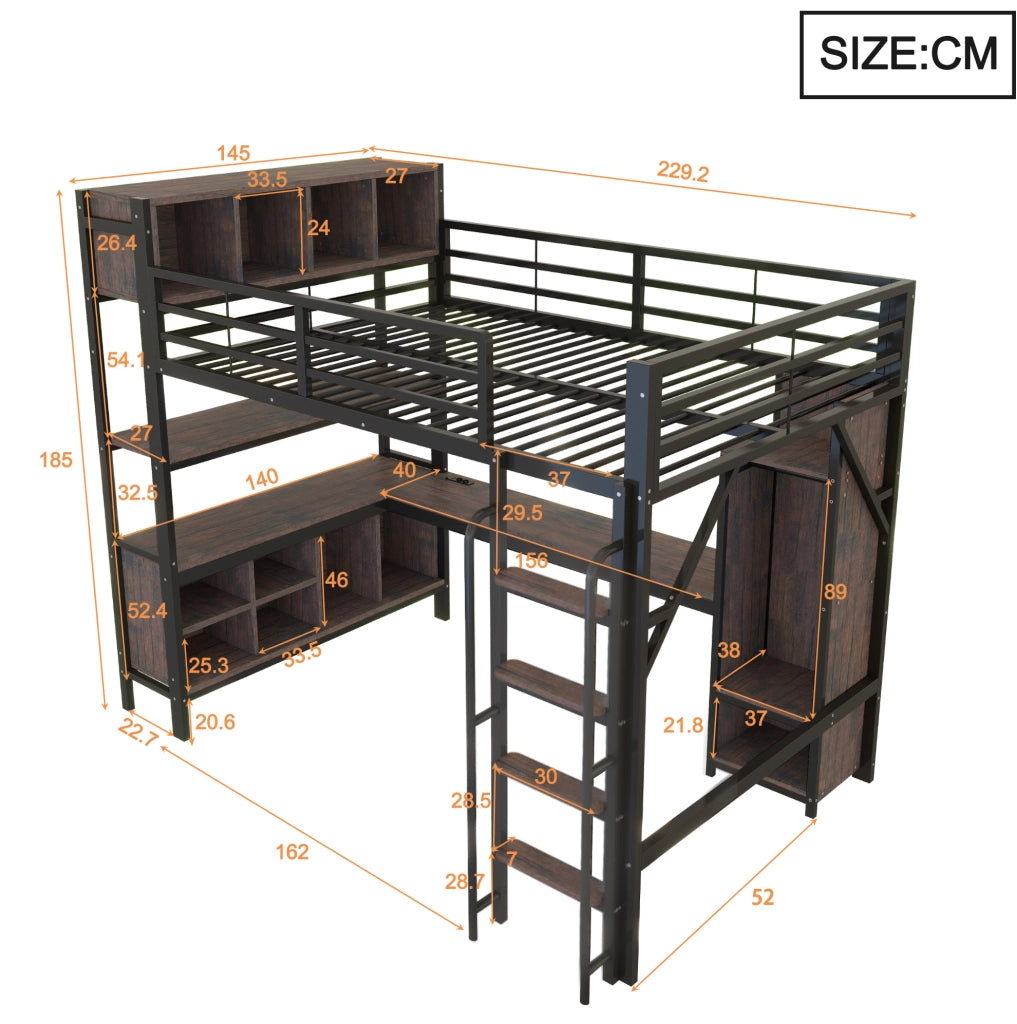 Letto a soppalco multifunzione 140x200 cm con scrivania; armadio; LED; prese EU; nero