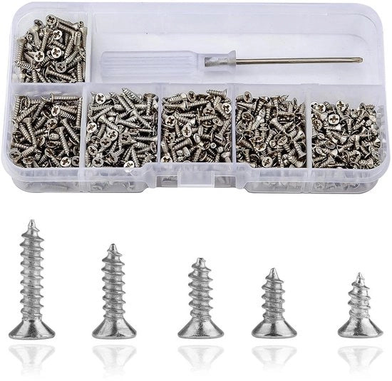 Set di Viti Autoalimentanti per Hout - 1000 Stuks Viti Piccole a Testa Piana - 5/6/7/8/10 mm - con Applicatore di Viti - per Progetti DIY - Serrature Porte - Argento - 1000 pz.