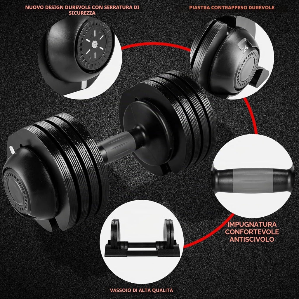 Manubri Regolabili 10kg 20kg 24kg, Set Manubri Componibili con 5 Pesi in 1, Manubri Regolabili Salvaspazio per Allenamento a Casa