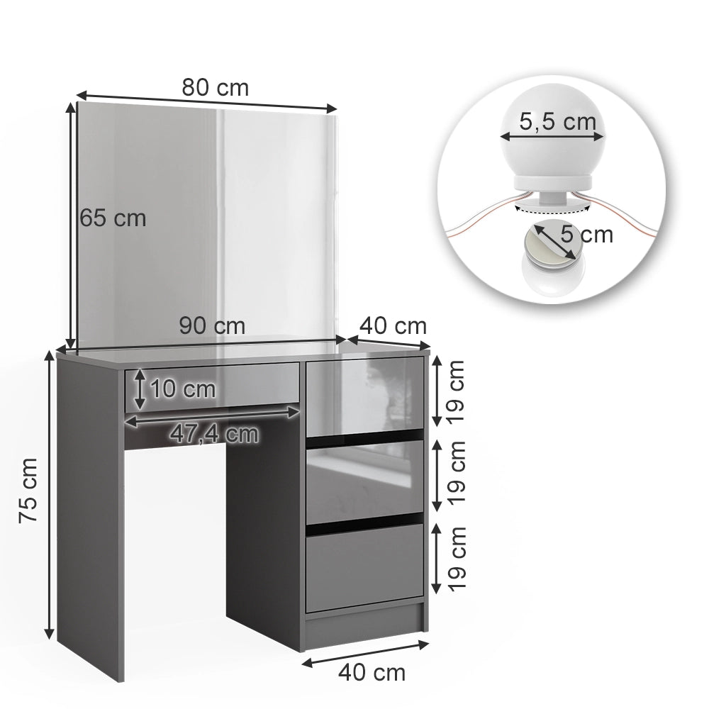Vicco Tavolo da toeletta Grigio 90 cm con illuminazione a LED e sgabello