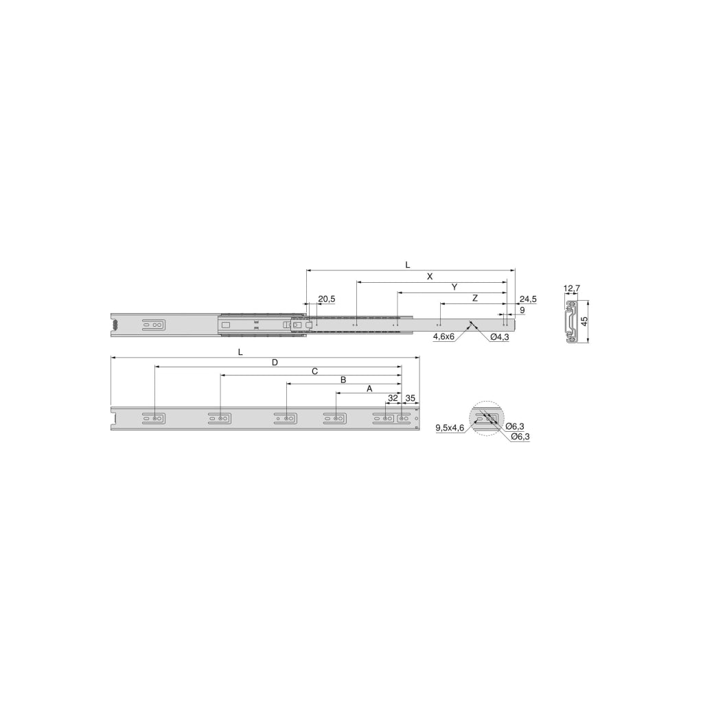 Kit Guide per Cassetti a Sfera 45 x 300 mm Estrazione Totale Zincato 5 Pezzi Emuca