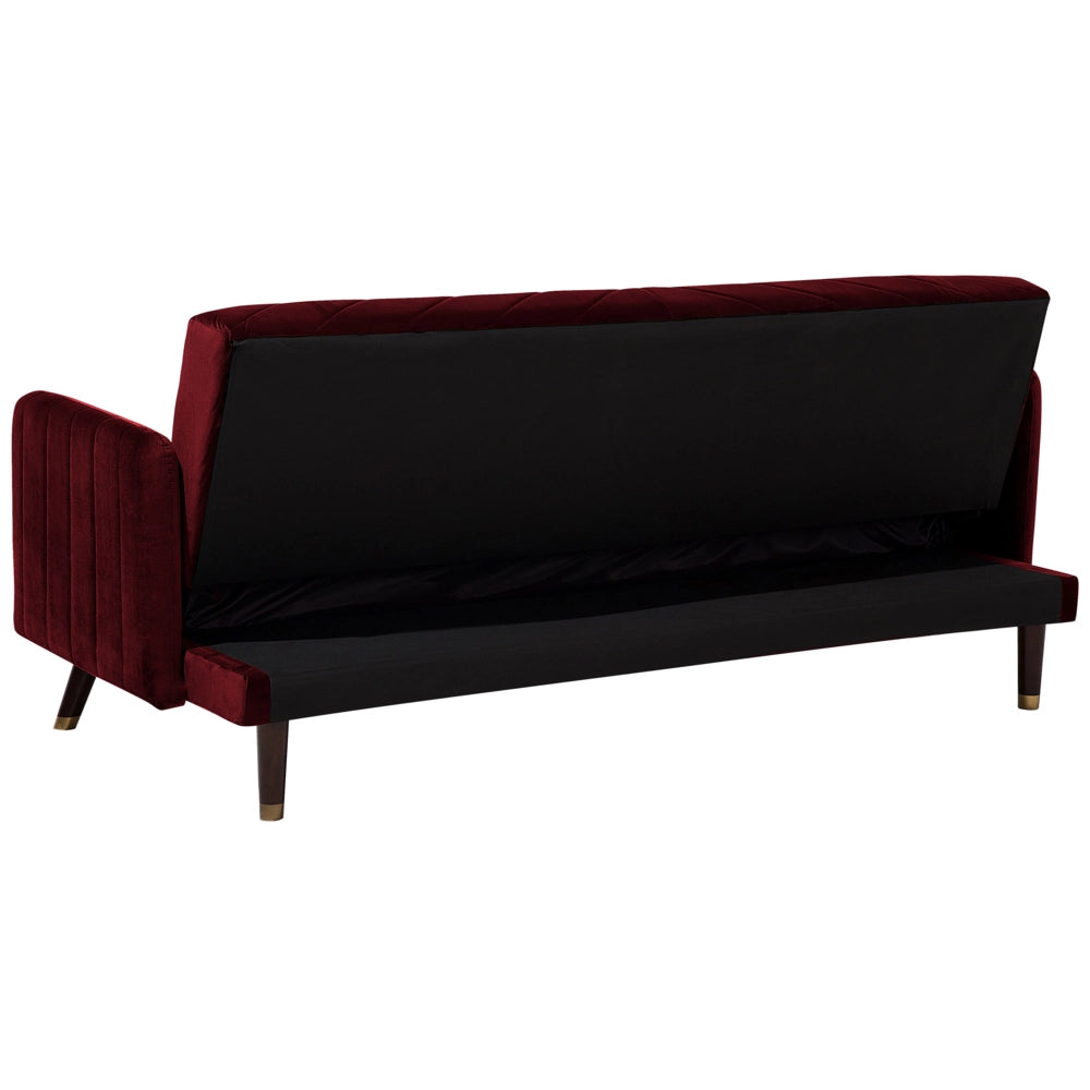 Divano Letto Tessuto Velluto Rosso Scuro Soggiorno Moderno 3 Posti Gambe In Legno Braccio A Pista