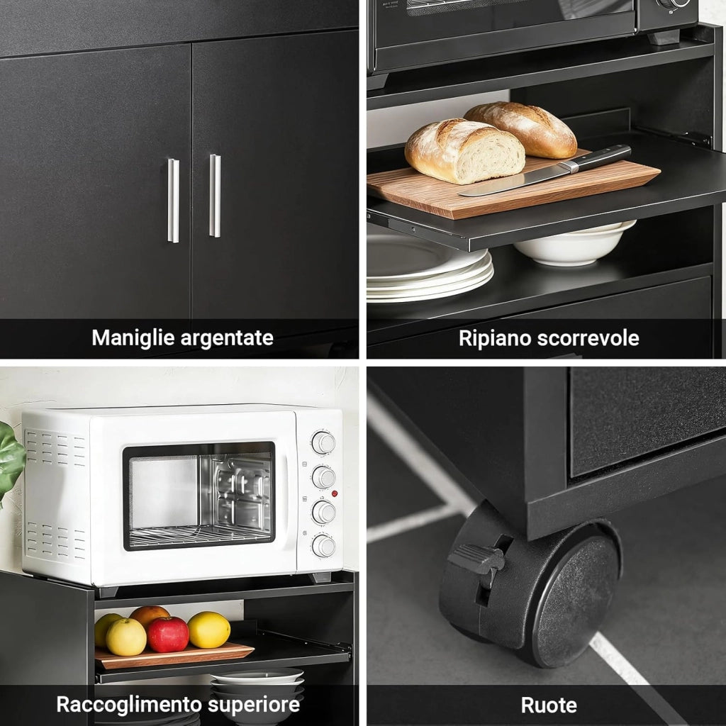 Mobiletto Cucina con Ruote e Piano Estraibile – Mobile Cucina Salvaspazio con Cassetto e Ante, Credenza Cucina, Carrello Cucina per Microonde, Ufficio o Sala da Pranzo Nero 59×40×92 cm FSB09-SCH