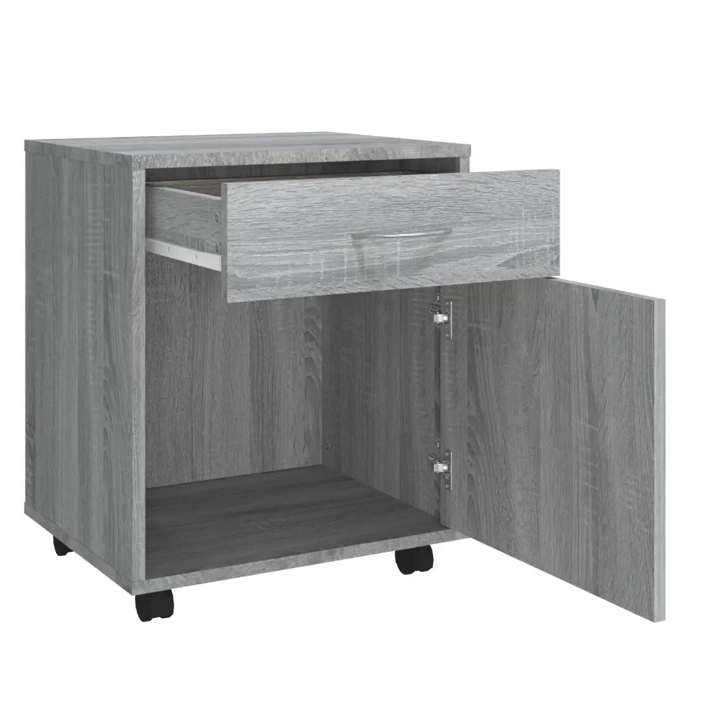 Mobiletto su ruote pratico e maneggevole 45 x 38 x 54 cm con cassetto e scomparto in legno composito grigio 02_0048254