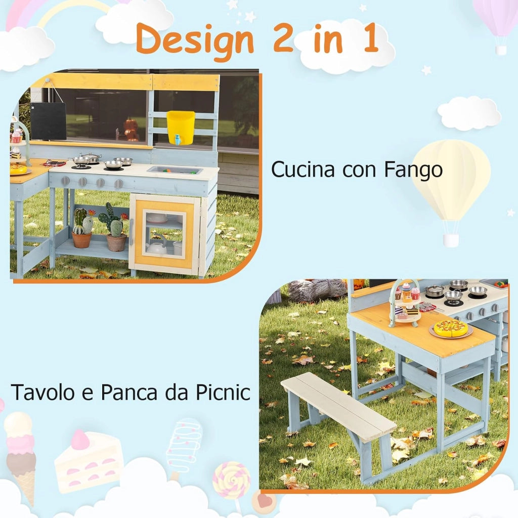 Cucina Giocattolo per Giardino con Tavolo e Panchina da Picnic, Cucina per Bambini in Legno di Abete con Fornelli, Lavandino, Lavagna e Forno, con 17 Accessori, 150 x 71 x 98 cm (Grigio 1)