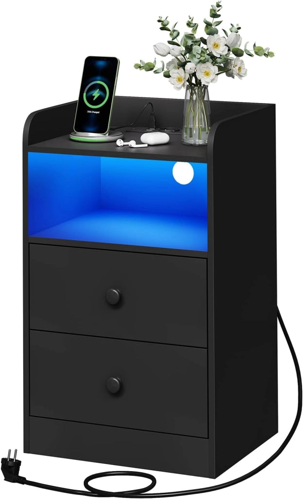 Comodino per Camera da Letto, Comodino Nero con Prese, Porte USB e Luci a LED, Tavolino con 1 Piano, 1 Scomparto e 2 Cassetti, Tavolino da Divano in Legno, NTS07sz