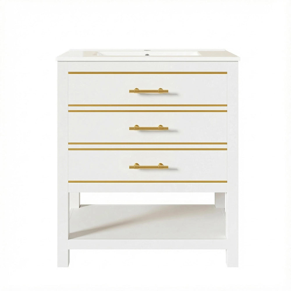 Mobile sotto lavabo in ceramica - Xylo - Bianco, 2 cassetti, maniglie dorate