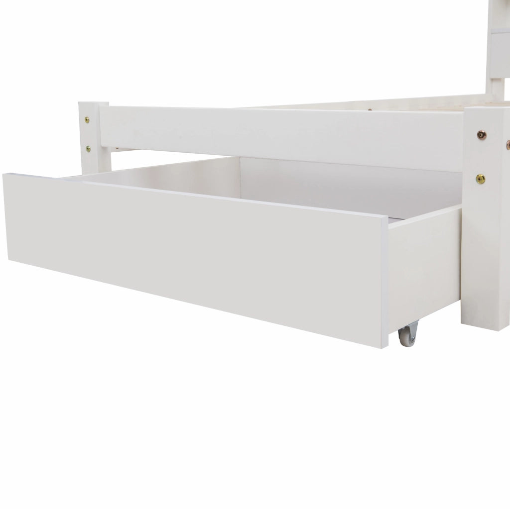 Letto singolo 90x200 cm con cassetti e testiera libreria; legno massello e MDF; bianco