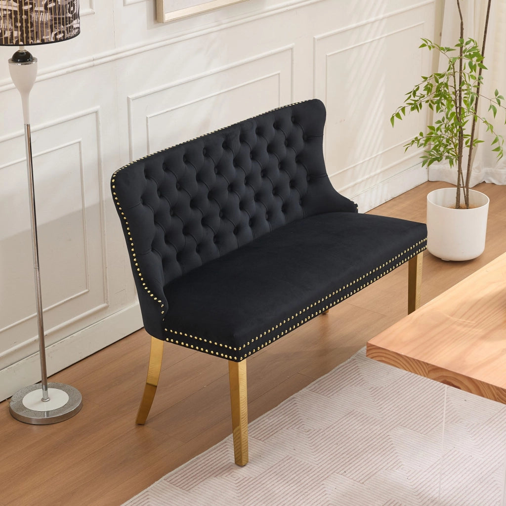 Panchina 2 Posti Velluto con Schienale ¨C Xylo ¨C Nero, Gambe Dorate, Stile Moderno