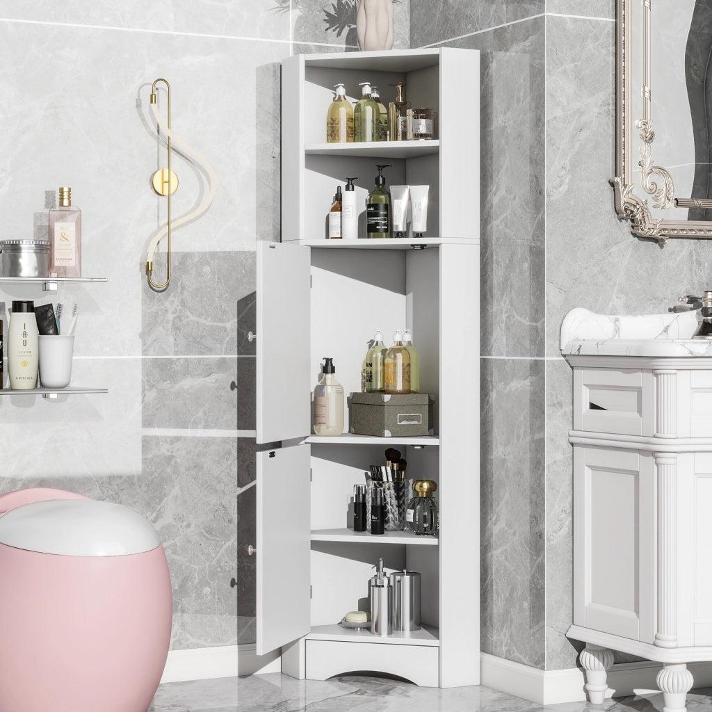 Armadietto da bagno angolare con 2 vani aperti e ripiano regolabile per bagno in truciolare bianco 36.5 × 36.5 × 155 cm