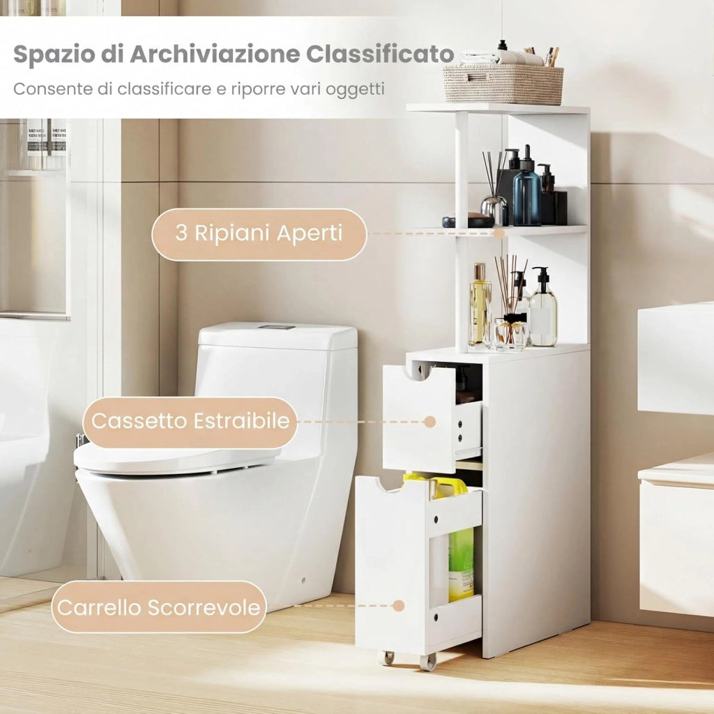 Mobile da Bagno Salvaspazio, Mobiletto Stretto e Autoportante con Ripiani Aperti, Cassetto Scorrevole e Carrello Estraibile, Mobiletto a Terra in Legno per Cucina, 45 × 20 × 114 cm