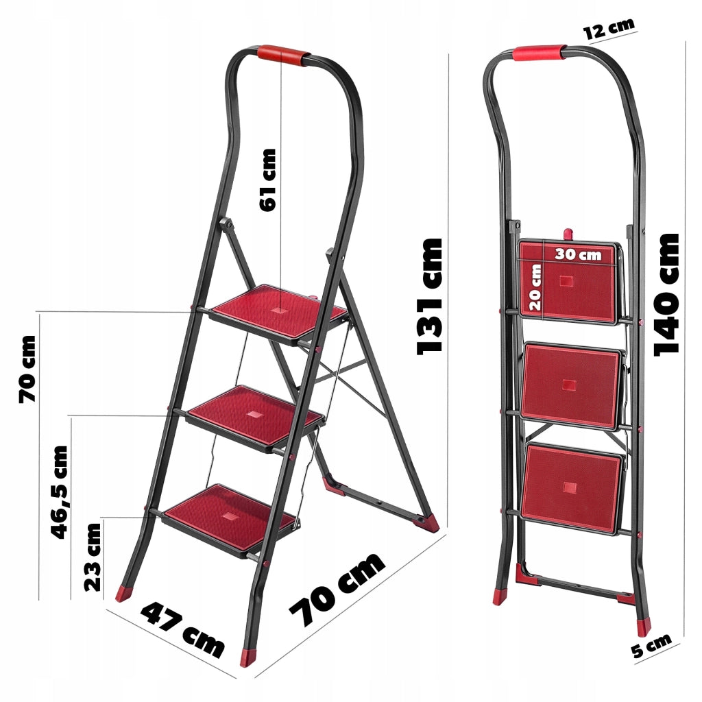 Scala in acciaio KADAX a 3 gradini, pieghevole, per uso domestico, robusta, portata 150 kg.