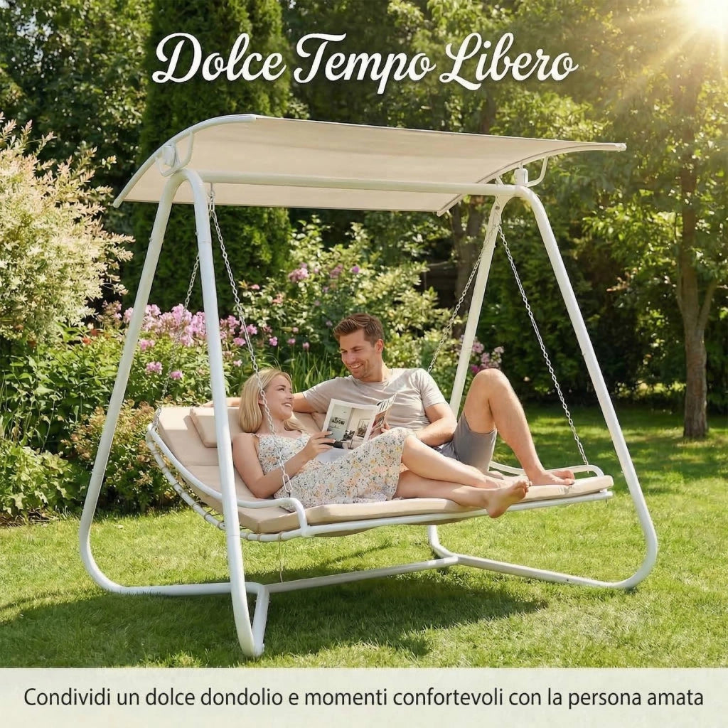 Dondolo Amaca Letto 2 Posti da Giardino con Tetto Parasole Struttura in Acciaio Seduta Imbottita in Textilene per Terraz