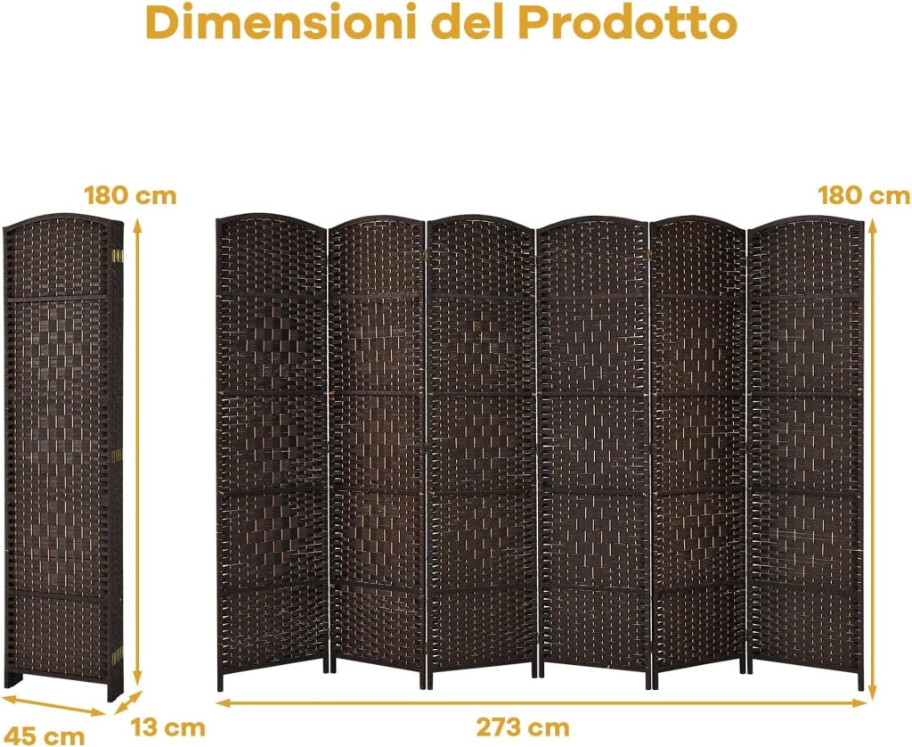 Paravento da Interno ed Esterno 6 Pannelli, Separé Divisorio Pieghevole in Carta Intrecciata a Mano e Cornice in Legno Massello per Camera da Letto, Soggiorno e Ufficio, 273 x 180 cm (Marrone)