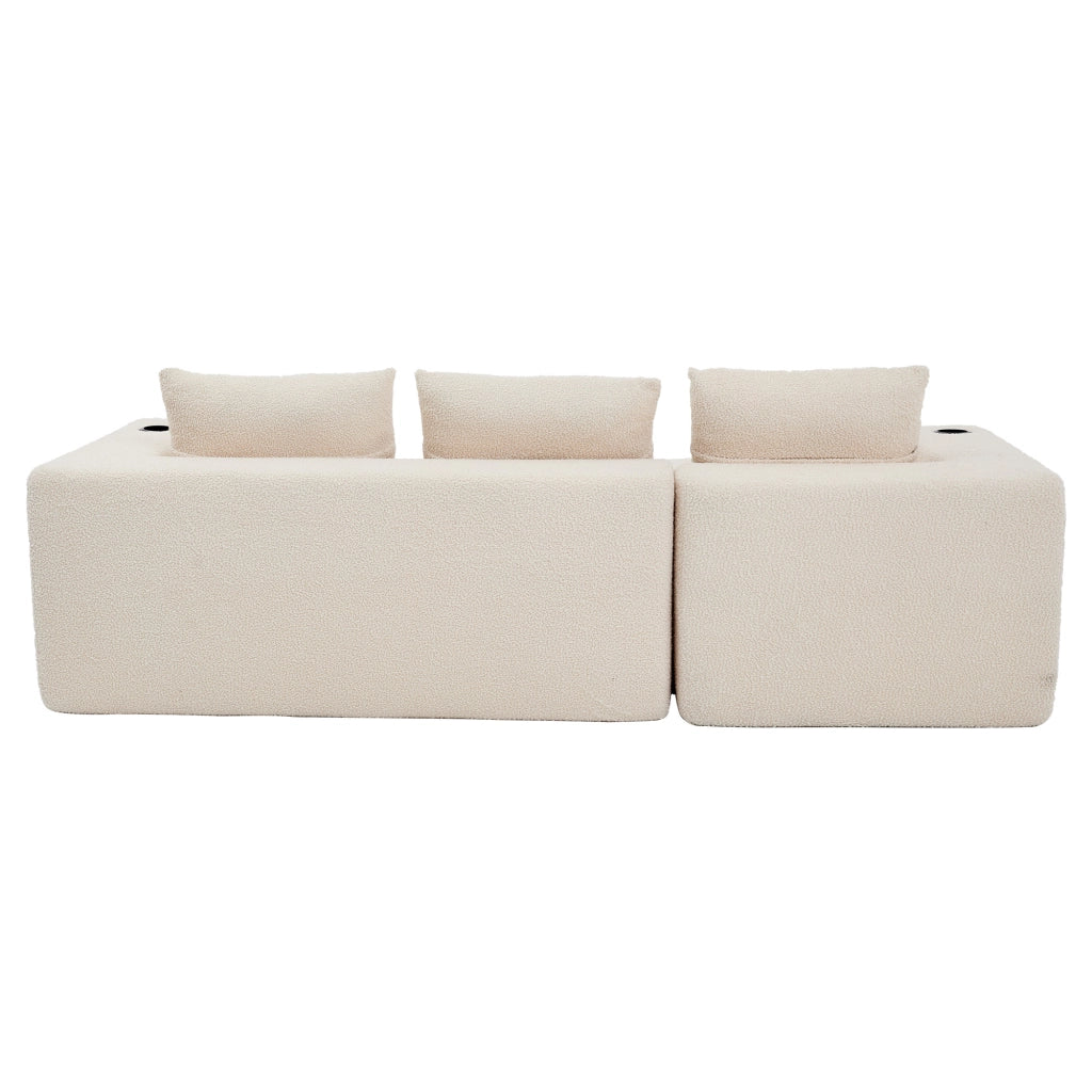 Divano angolare 258 cm con portabicchieri e seduta profonda in poliestere beige per soggiorni piccoli e uffici