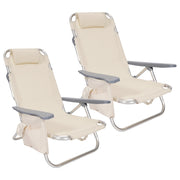 Set 2 Sedie Mare Spiaggine Pieghevoli in Alluminio con Poggiatesta e Tasca Laterale, Sdraio Spiaggia Basse con Braccioli, Tessuto Textilene Traspirante e Resistente, per Mare Campeggio Giardino, Beige