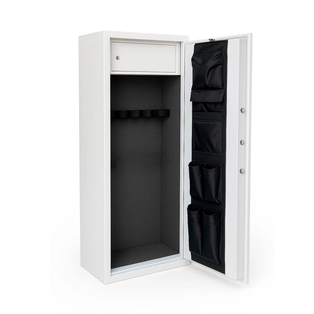 Fuciliera Blindata Per Armi In Acciaio Con Serratura Digitale E Chiave Armadio Portafucili Con Tesoretto Tasca Porta Oggetti Cassaforte Sicura Florida 7 Posti 148x40x28 Cm Bianco Frassinato