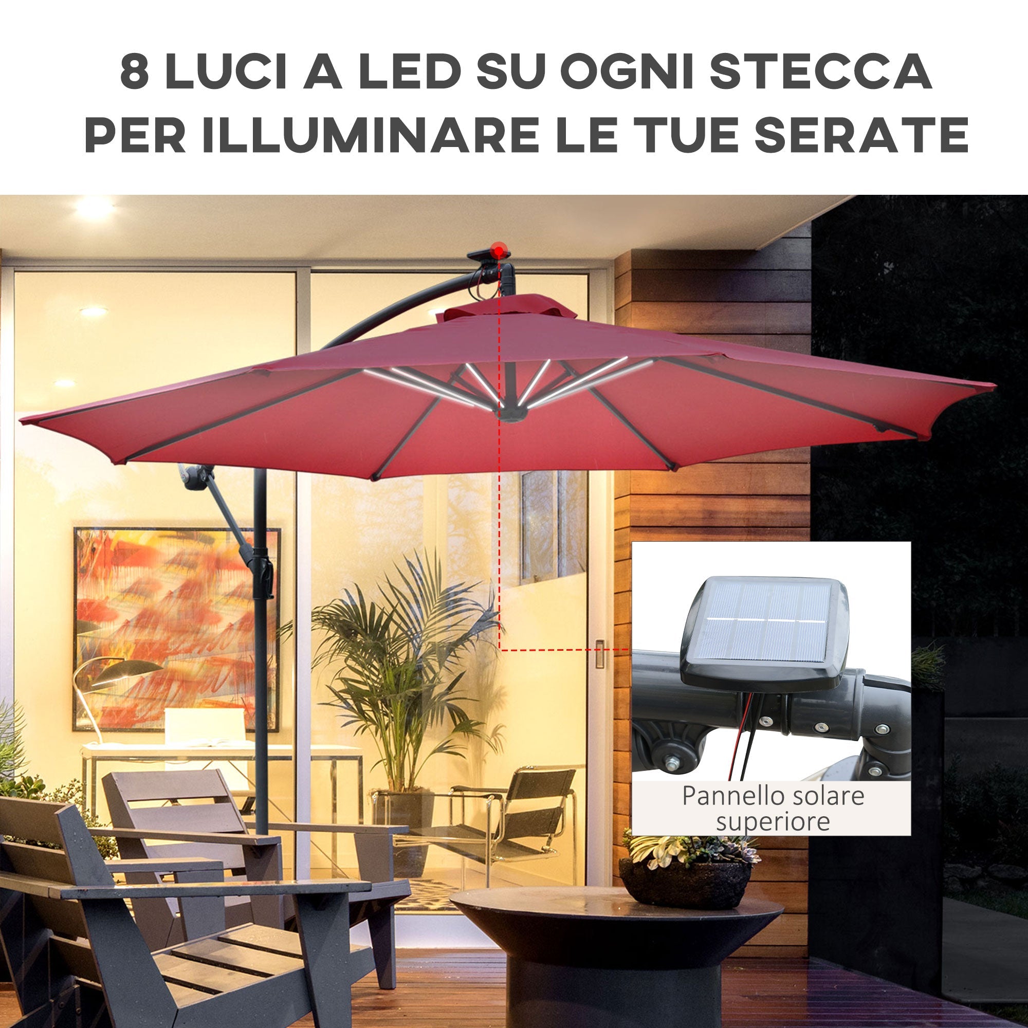 Ombrellone da Giardino Decentrato Ø2,95m con Led a Energia Solare Rosso Scuro