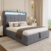 Letto matrimoniale imbottito 140x200 cm in tessuto effetto lino grigio con LED; USB e contenitore