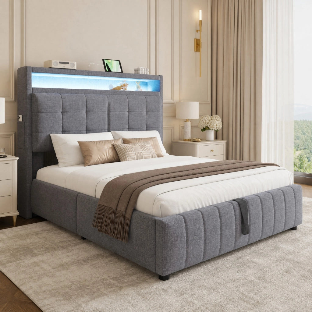 Letto matrimoniale imbottito 140x200 cm in tessuto effetto lino grigio con LED; USB e contenitore