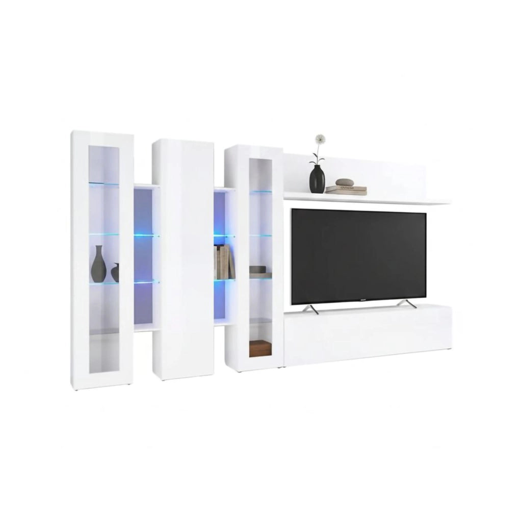 Parete attrezzata Atta, Set salotto porta TV a 5 ante, Mobile soggiorno multiuso, 100% Made in Italy, cm 340x30h180, Bianco lucido