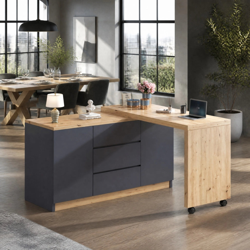 Scrivania pieghevole girevole 360° con rotelle frenanti, 120x50x76,5 cm, effetto grigio e quercia, con 2 porte e 3 cassetti