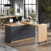 Scrivania pieghevole girevole 360° con rotelle frenanti, 120x50x76,5 cm, effetto grigio e quercia, con 2 porte e 3 cassetti