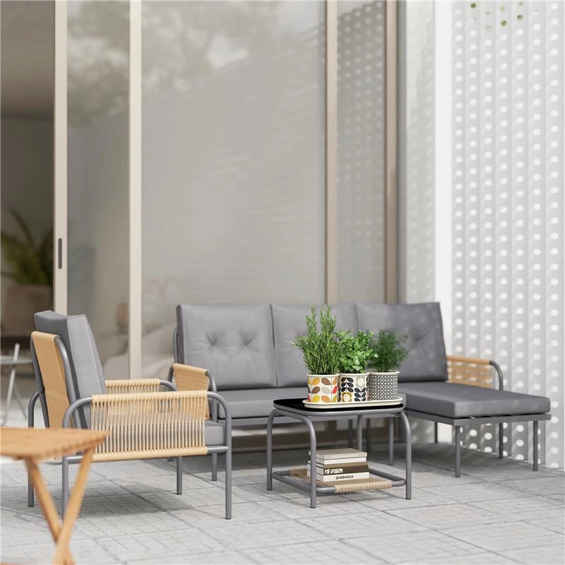 SALOTTO DA GIARDINO 4 PEZZI IN RATTAN CON DIVANO CHAISE LONGUE POLTRONA E TAVOLINO CON CUSCINI GRIGIO