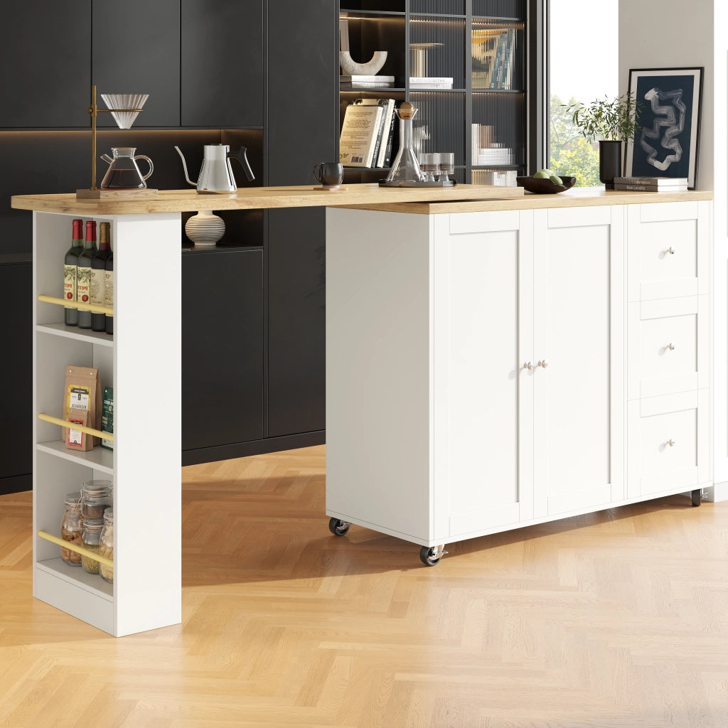 OKWISH Carrello da Cucina con 2 Ante e 3 Cassetti, 3 Ripiani, Rotazione a 360° e Ruote, MDF, Bianco