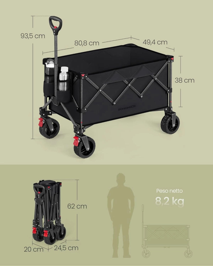SONGMICS Carrello da Campeggio Pieghevole, Carretto, 150 L, Portante 150 kg, Carrello da Giardino, con Manico, 4 Ruote Rimovibili, Salvaspazio, per Esterni, Giardino, Nero Inchiostro GFW115B01