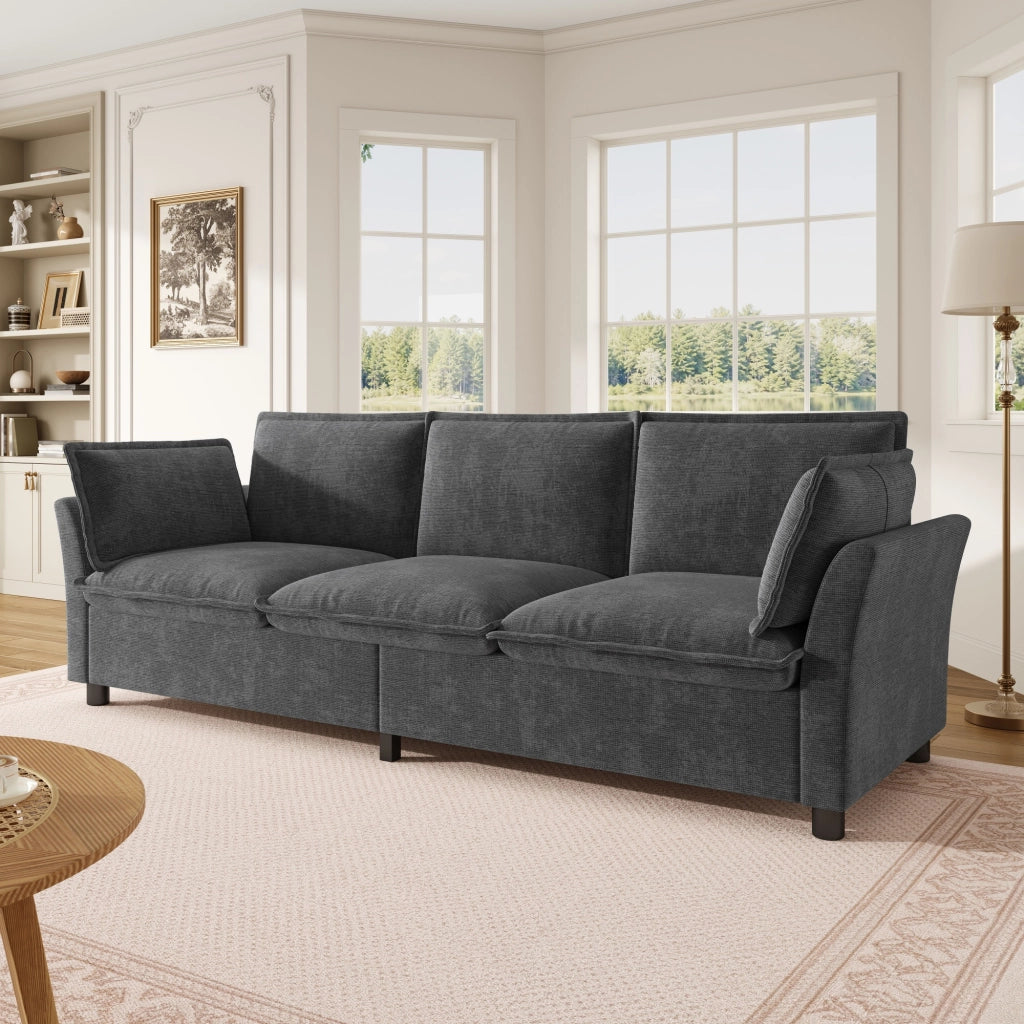 Divano a 3 posti in chenille con cuscini per braccioli e struttura in metallo grigio 220 × 81 × 87 cm