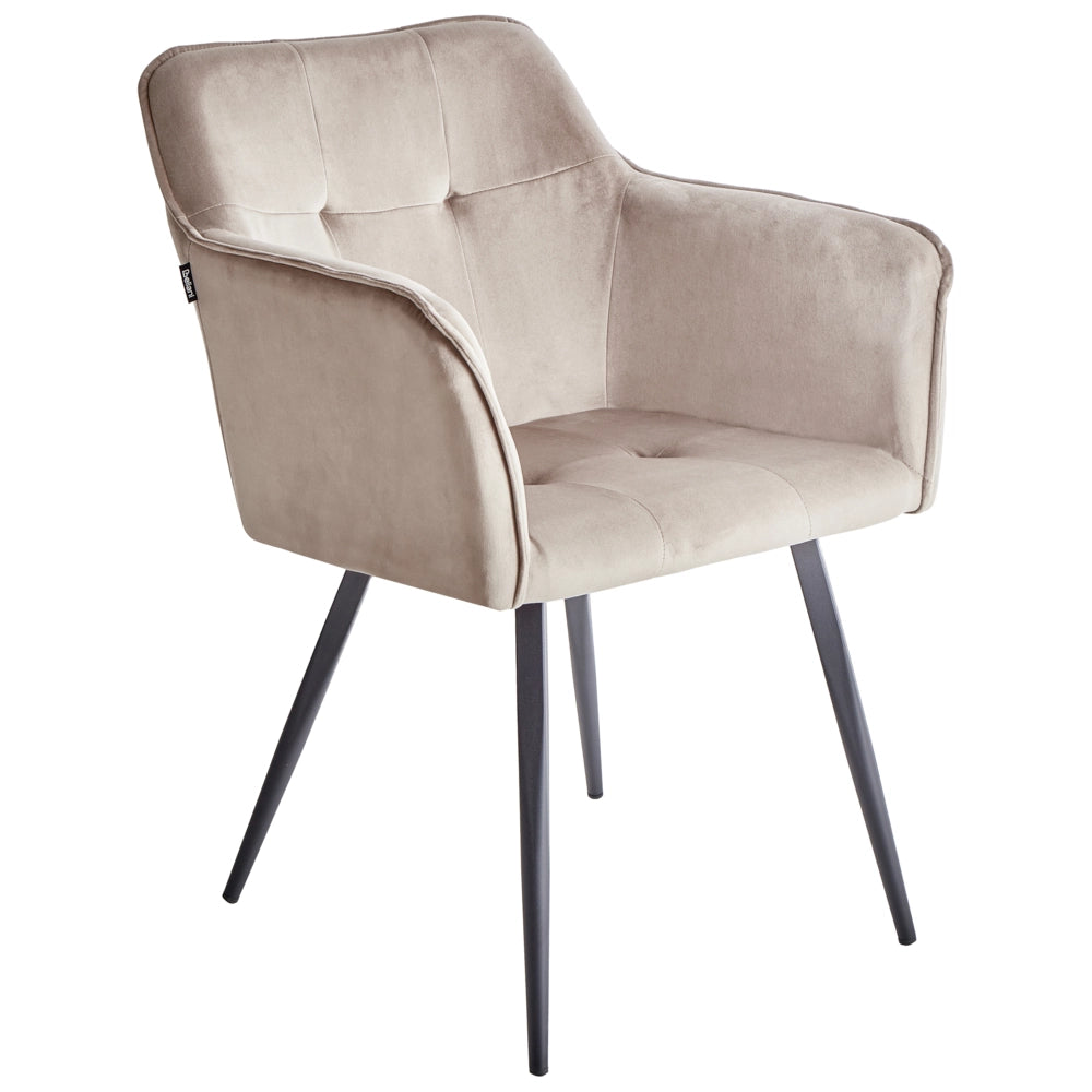 Set di 2 sedie da pranzo con sedile imbottito in velluto beige tortora con braccioli e gambe in metallo Nero