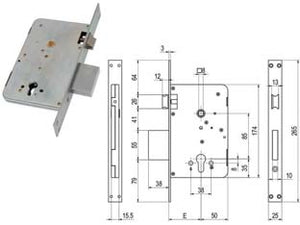 SERRATURA DA INFILARE A CILINDRO CON SCROCCO E CATENACCIO 610Y  mm.60 (00610 Y30 60)    SAB