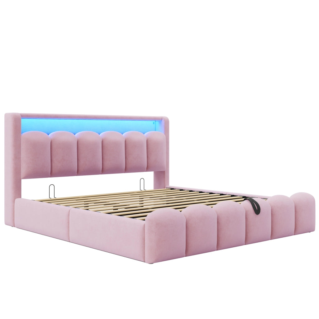 Letto matrimoniale imbottito 180x200 in velluto rosa con contenitore idraulico; LED e prese USB Type-C