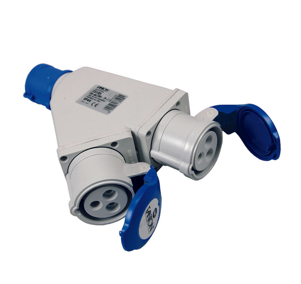 ADATTATORE INDUSTRIALE CON SPINA E 2 PRESE CEE 309 IP44  16A colore blu 73105    FANTON