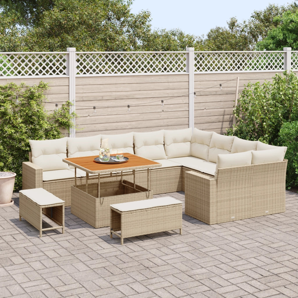 Set di Divano da Giardino da 12 Pezzi con Cuscini Beige in Rattan Polimerico e Acacia