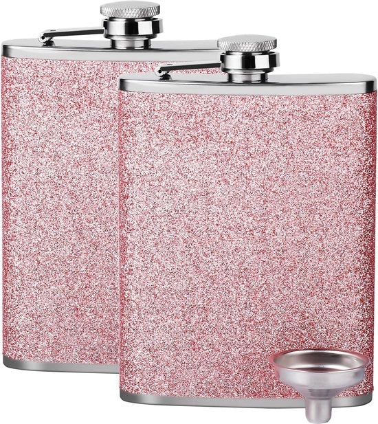 Due flaconi di cassetta per donne, piccola, flacone di cassetta in acciaio inossidabile per donne, whisky, alcol, flacone di cassetta con imbuto, flacone di cassetta portatile per camminare, arrampicarsi, pescare, campeggiare, 240 ml, rosa