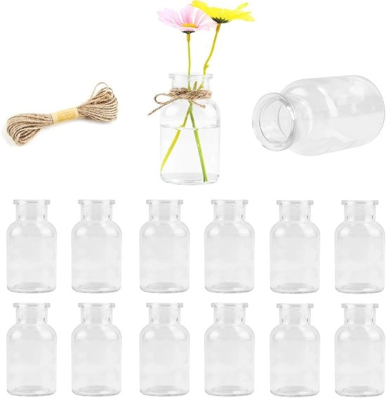 Set di vasi in vetro per decorazione da tavola, 10 cm alti, 125 ml, con 5 m di corda di juta e 12 etichette in carta per matrimoni, compleanni e feste a casa.