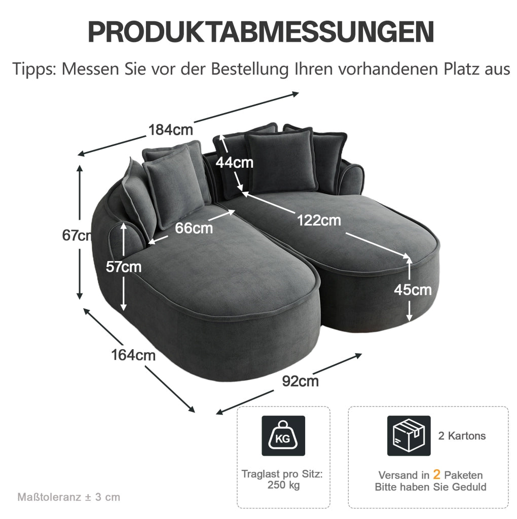 Divano modulare doppio in chenille grigio senza telaio con chaise longue extra larga e cuscini inclusi