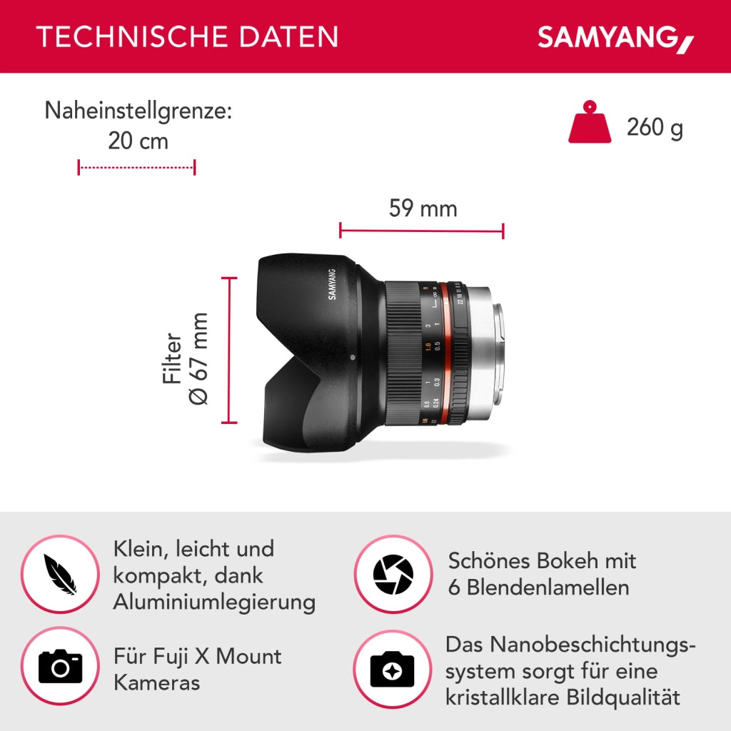 Obiettivo grandangolare fisso 12mm F2.0 APS-C per Fuji X-APS-C, MF – Fotocamera X-T5, X-H2, X-H2s, X-T4, X-T30, X-T30 II, X-T200, X-Pro3, X-A7, X-T100, X-T3 – nero