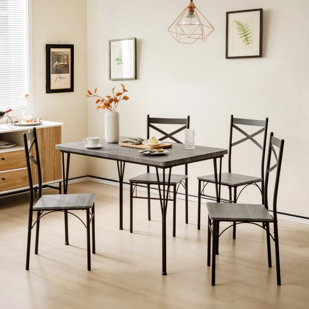 Set da tavolo da pranzo 5 pezzi, Tavolo da pranzo rettangolare moderno con 4 sedie con telaio in metallo Grigio-Tavoli e sedie da pranzo